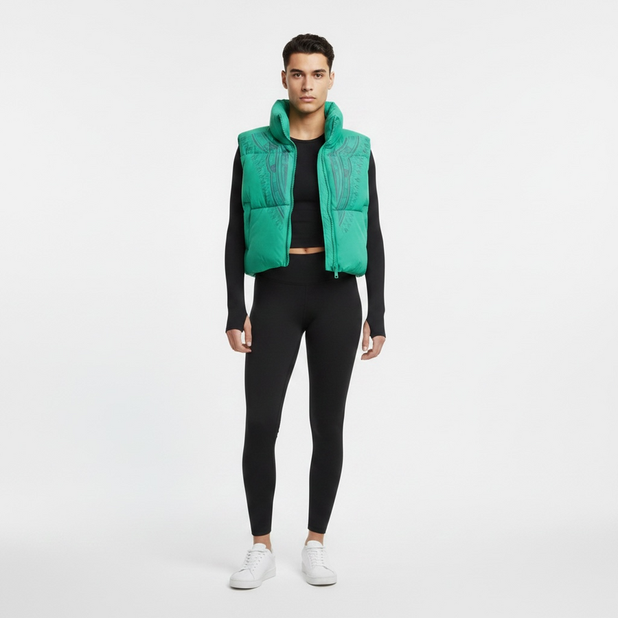 Harmattan Dashiki Cropped Puffer Vest – Green & Gray on a model