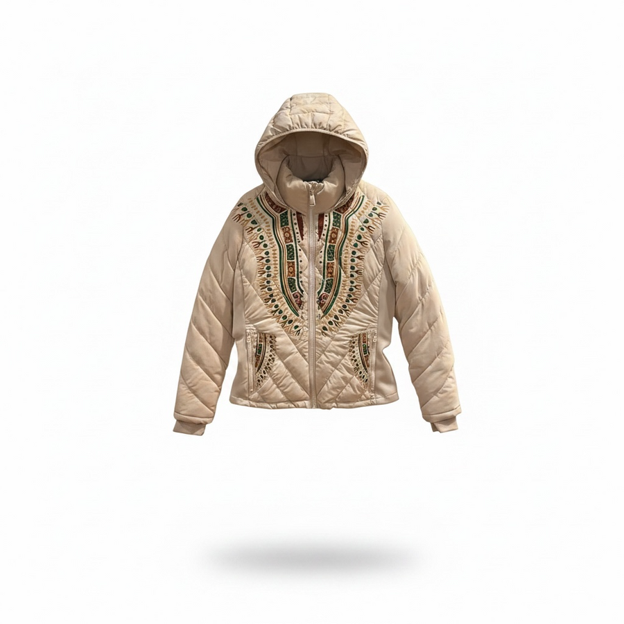 Harmattan Dashiki Puffer Jacket – Multi on Ivory, front view