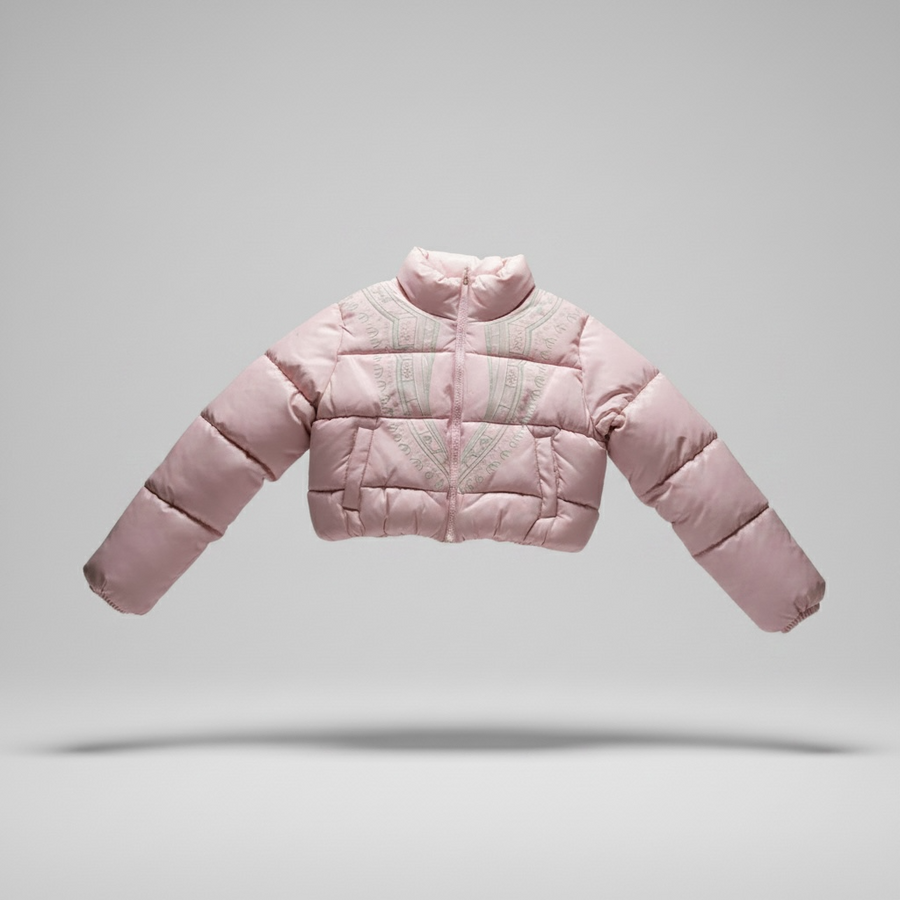 Harmattan Dashiki Cropped Puffer Jacket – Green & Pink, front view