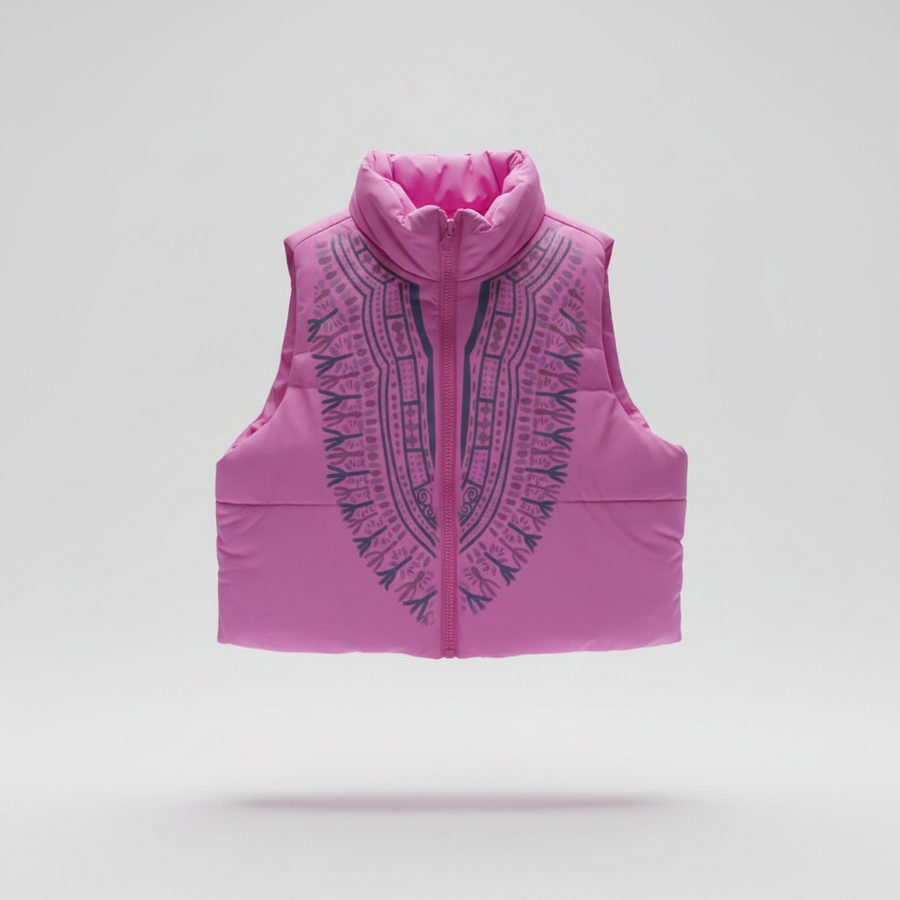 Harmattan Dashiki Puffer Vest – Multi on Pink, front view