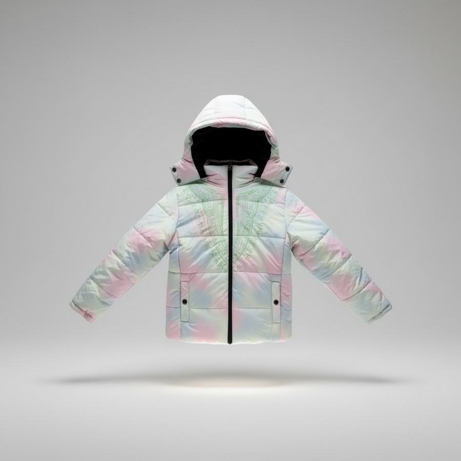 Kids Harmattan Dashiki Puffer Jacket – Green on Multi, front view
