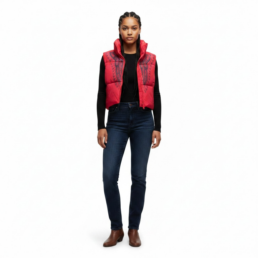 Harmattan Cropped Puffer Vest – Red on a model