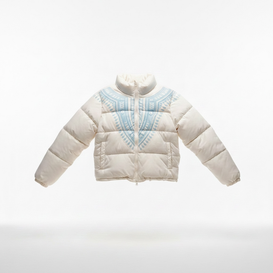 Harmattan Dashiki Puffer Jacket – Blue on White, front view