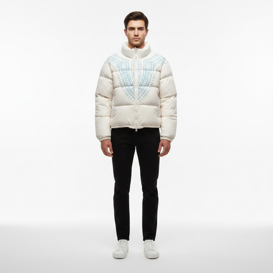 Harmattan Dashiki Puffer Jacket – Blue on White on a model